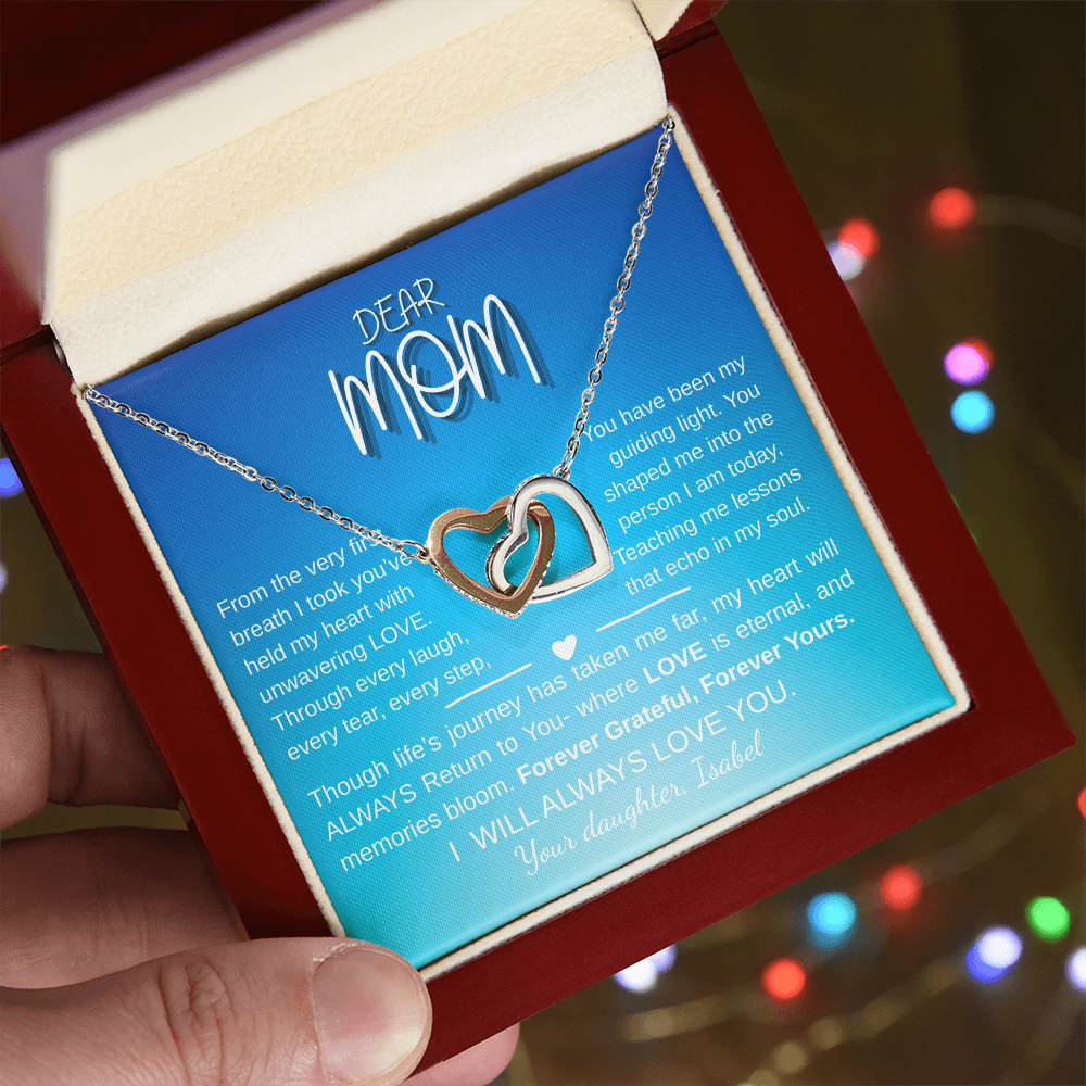"Interlocking Hearts Necklace - Yellow & White Gold, Personalized Gift for Mom"
