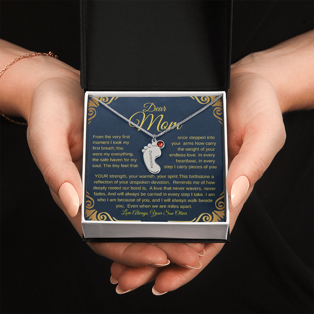 Personalized Engraved Baby Feet Necklace with Birthstone – A Heartfelt Keepsake for Moms