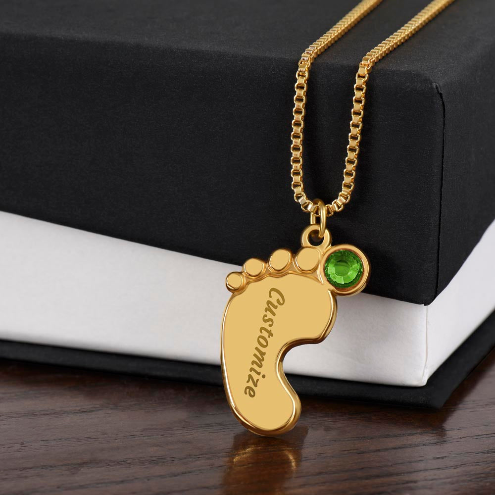 Personalized Engraved Baby Feet Necklace with Birthstone – A Heartfelt Keepsake for Moms