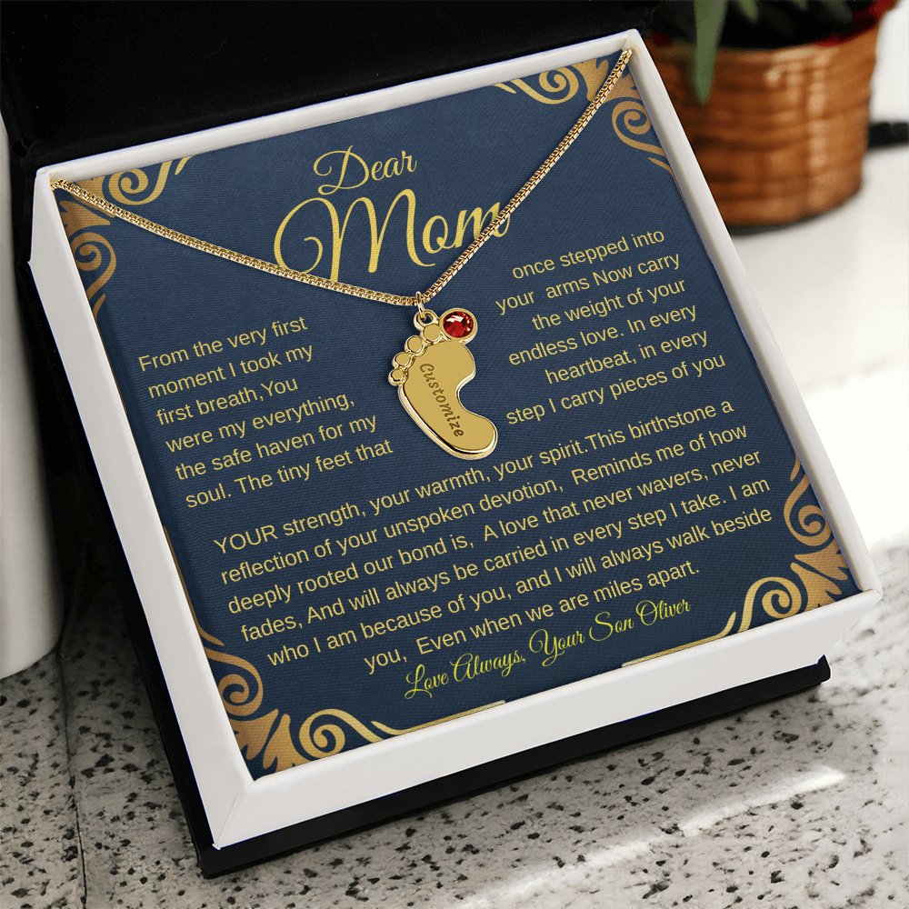 Personalized Engraved Baby Feet Necklace with Birthstone – A Heartfelt Keepsake for Moms