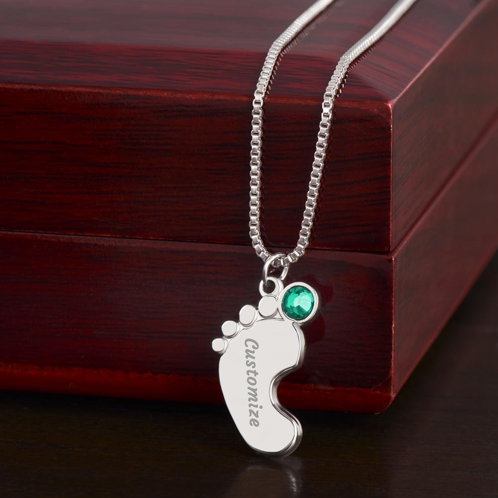 Personalized Engraved Baby Feet Necklace with Birthstone – A Heartfelt Keepsake for Moms