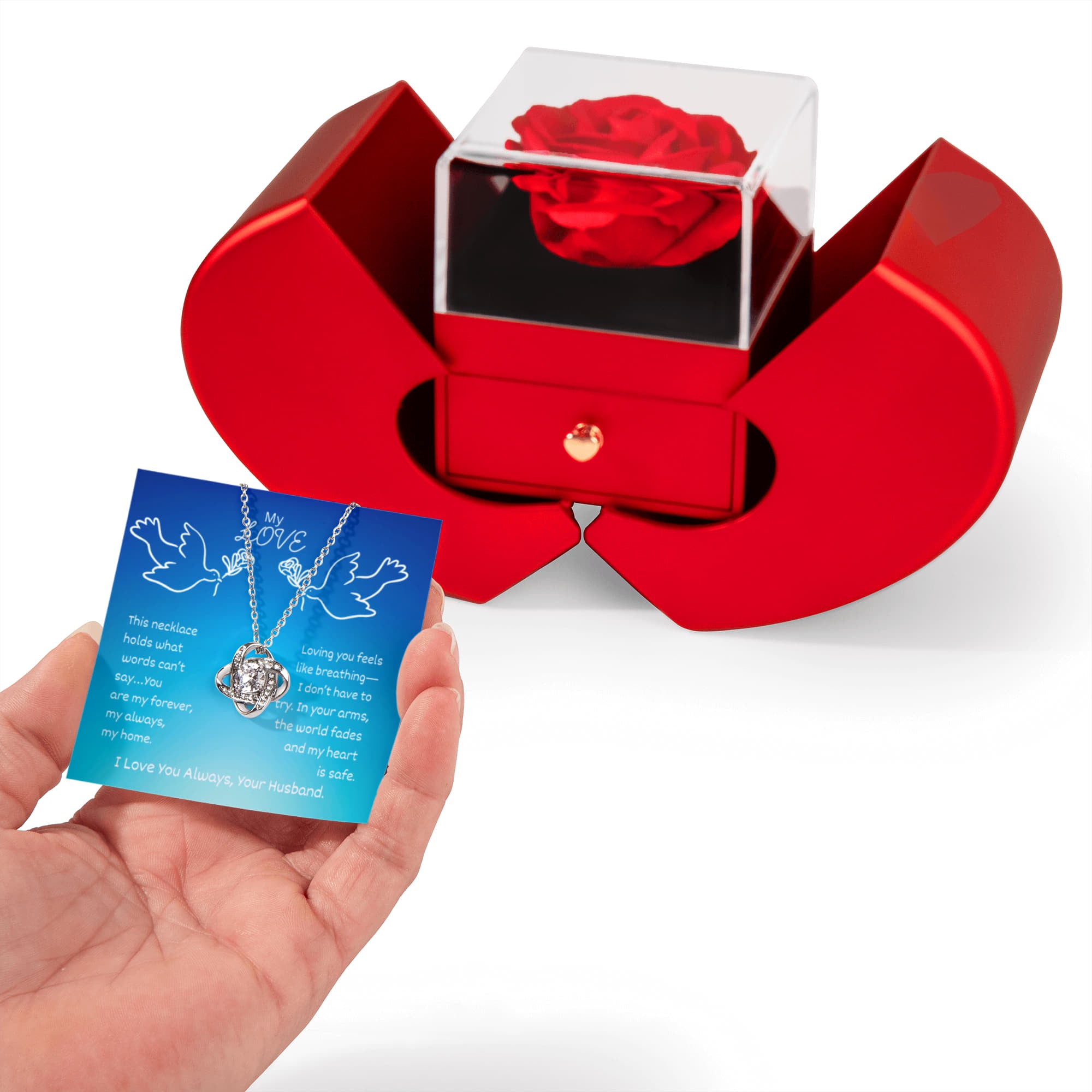 My Love-Love Knot Necklace with Red Heart Rose Box