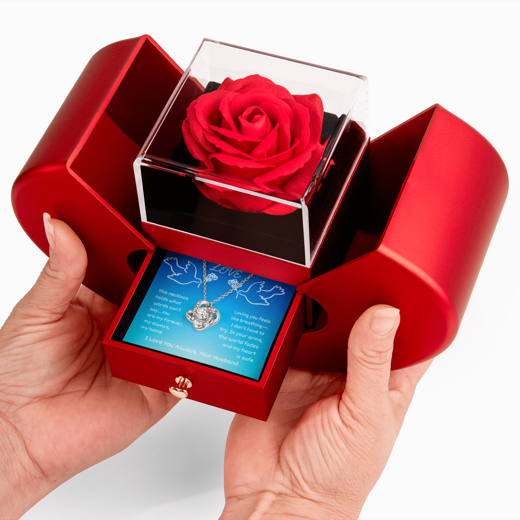 My Love-Love Knot Necklace with Red Heart Rose Box