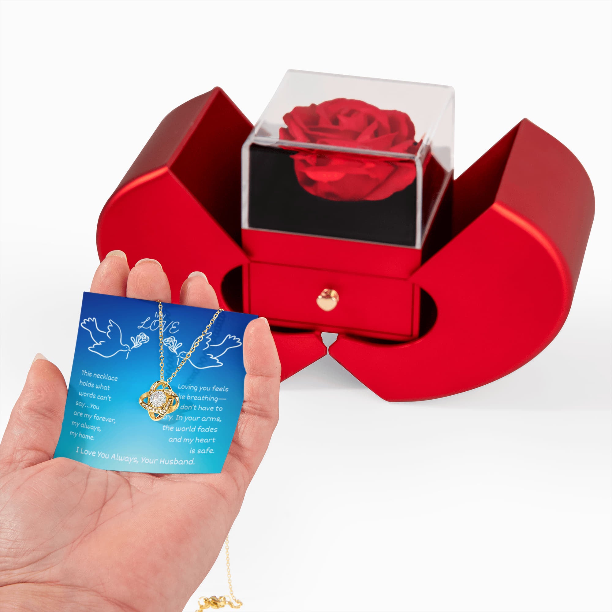 My Love-Love Knot Necklace with Red Heart Rose Box