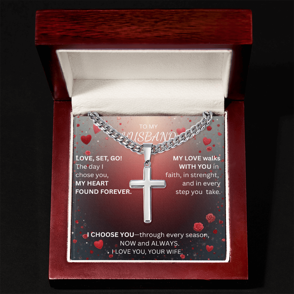 TO MY HUSBAND-Artisan Cross with Cuban Link Chain-I CHOOSE YOU